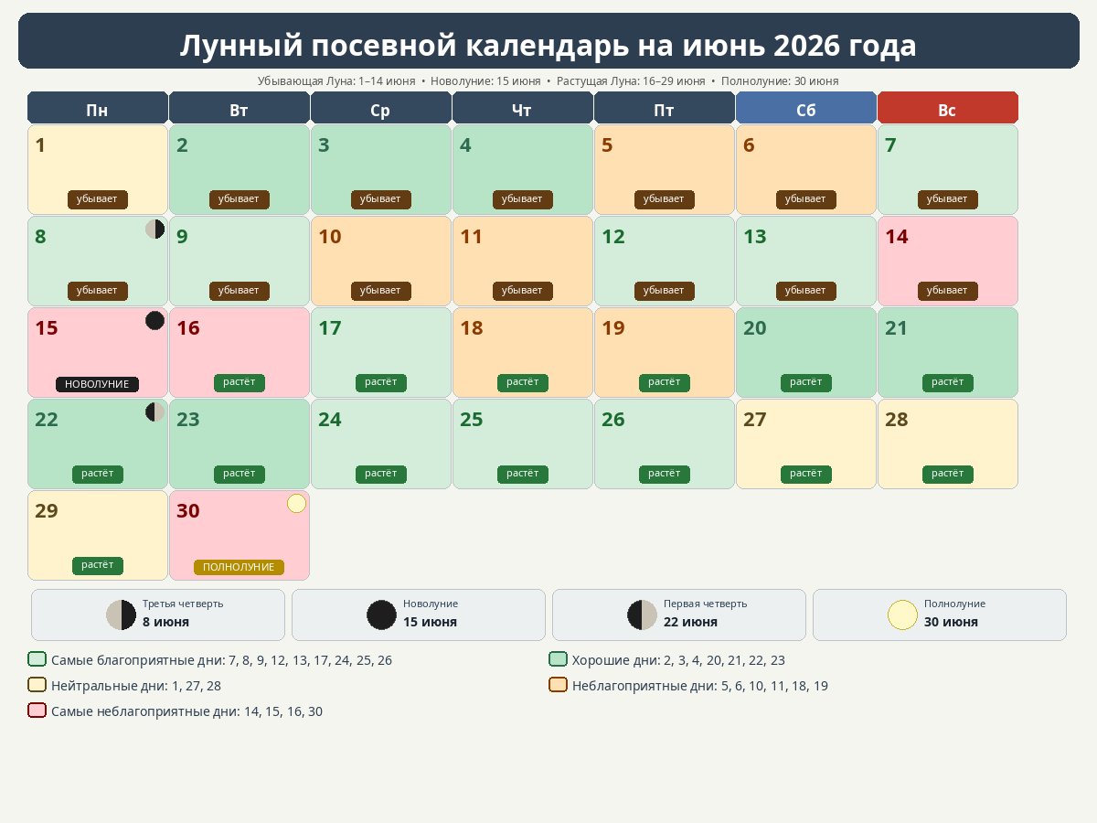 Лунный посевной календарь на июнь 2026