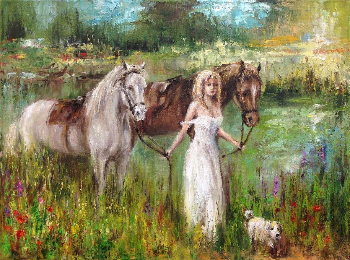 Лошадь с 2 девушками. Картины Палачева лошади.