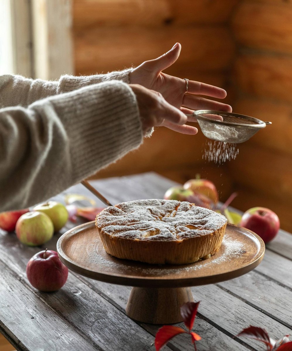 Девушка посыпает пирог сахарной пудрой